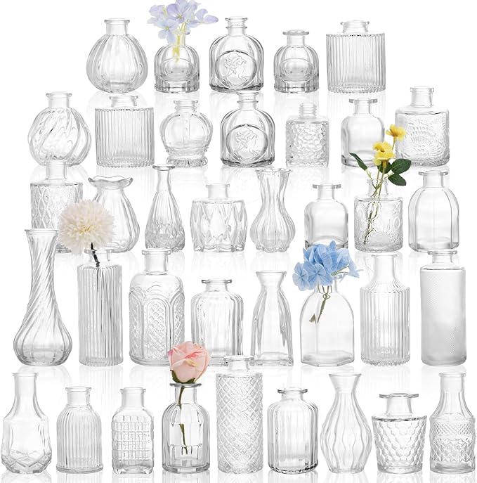 38 Pack Clear Glass Bud Vase Set, Small Vintage Vases for Centerpieces, Decorative Flower Vases for Wedding Home Table Decor