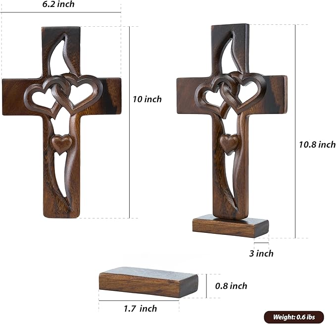 DAICAT - Handcarved Wood Cross with Intertwined Hearts, Crosses Wall Decor, Hand Made Wall Hanging Art Décor, Grift for Wedding (No 6)