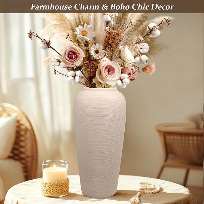 Tall Ceramic Vase 12 Inch Neutral Textured Vase,Cream Ceramic Vase for Home Decor,Farmhouse Tall Ceramic Flower Vase for Dining Table,Living Room,Kitchen,Bedroom,Entryway