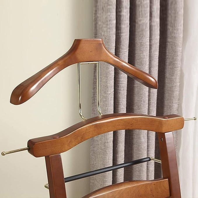 Chair Valet With Drawer,Wooden Suit Valet Stand With Contour Hanger,Trouser Bar and Tie & Belt Bar, 18" W x 23" D x 44" H,Natural wood color