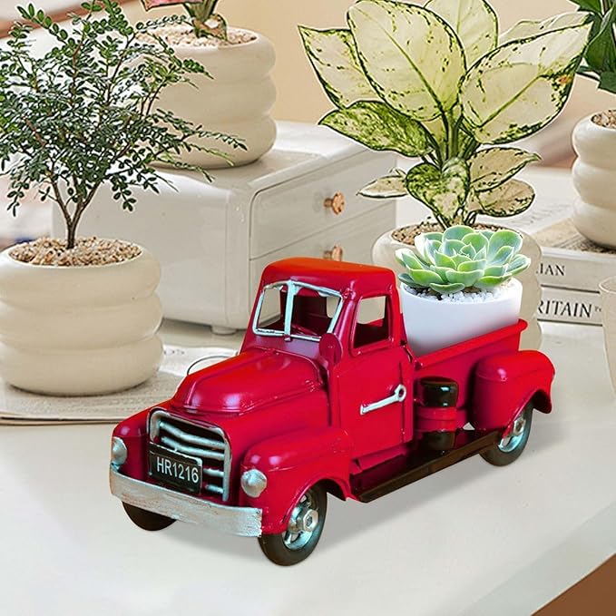 Farmhouse Vintage Red Truck Decor, Retro Spring Metal Truck Table Decor, Decorative Farm Tabletop Storage & Garden Pickup Trucks Planter, Fall Coffee Desk Centerpiece & Car Model Gifts