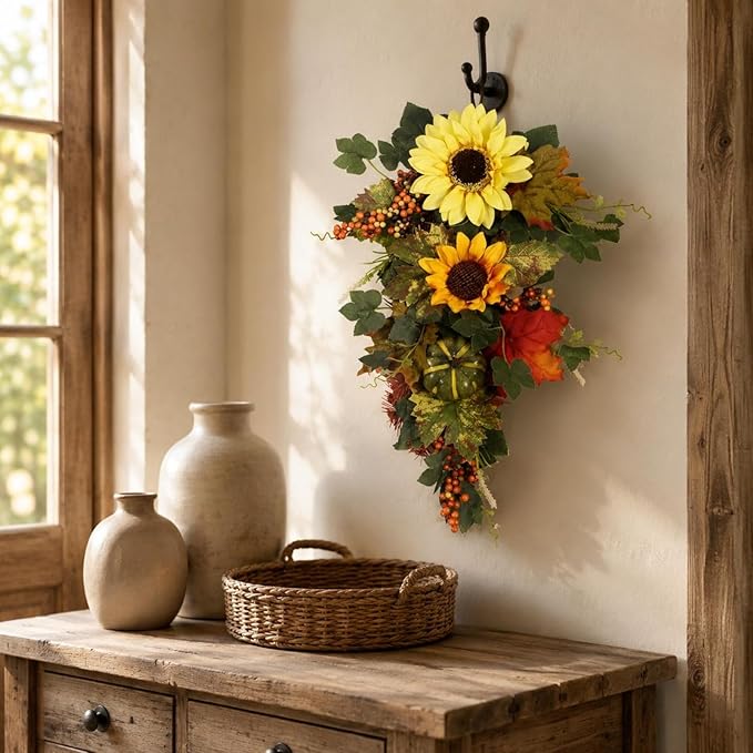Blossoms Pumpkin Swag Artificial Autumn Door Swag Tree-Shaped Entryway Decor