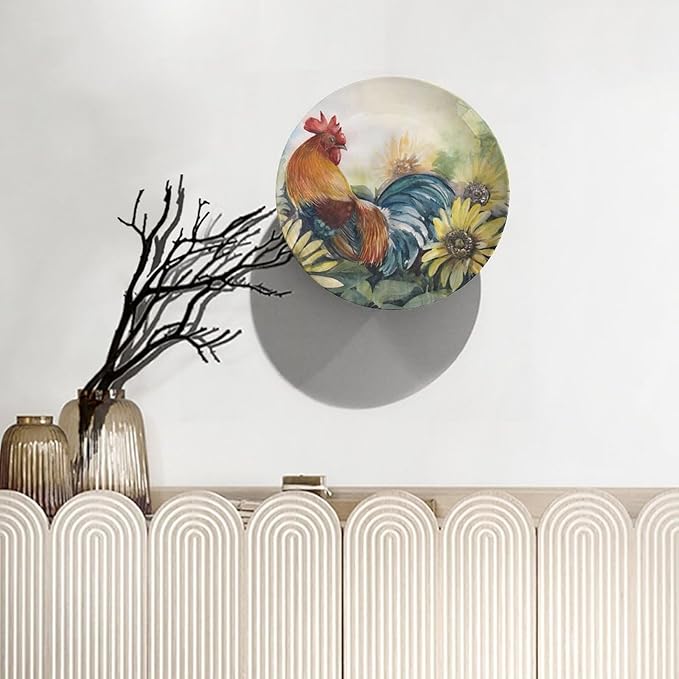 Rooster Decorative Ceramic Plates, 6 Inch, Sunflower Rooster Round Display Plate, Handmade Ceramic Ornament, for Home Kitchen Bedroom Decorative Ornaments