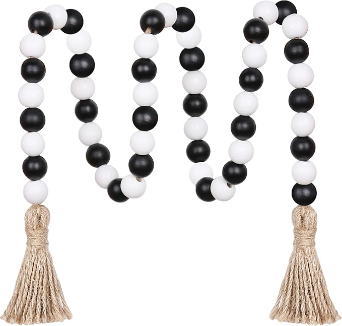 Meplait Wood Bead Garland - 39in Farmhouse Beads with Tassels for Tiered Tray Decor - Black & White