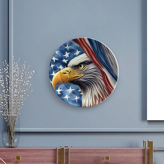 Decorative Plates for Wall Hanging, Eagle and American Flag Patriotic Ceramic Plate, Wobble-Plate with Display Stand, Home Decor for Kitchen Cabinets, Farmhouse Round Tray 7 Inch