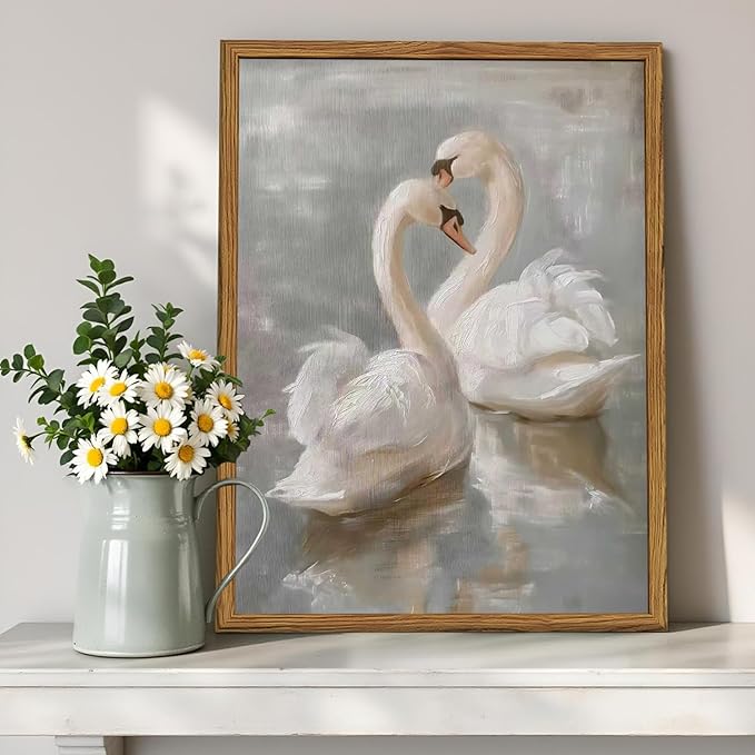 Framed Vintage Swan Canvas Wall Art, Romantic White Swan Paintings Wall Decor, Rustic Animal Pictures Prints Farmhouse Home Decor for Living Room Bedroom 12x16 inch