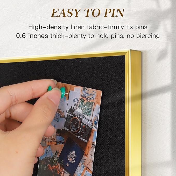 Linen Bulletin Board 24" x 18", Black Fabric Pin Board with Gold Aluminum Frame, Decorative Vision Board for Home Office, Bedroom & Dorm Wall Decor, Includes 10 Push Pins