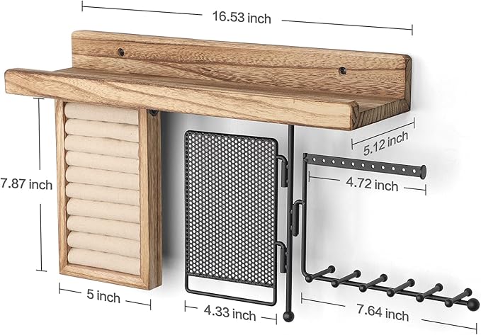 SOLIMINTR Hanging Jewelry Organizer Wall Mount with Rustic Wood Shelf, Ring Display Box, Ear Studs Earring Holder, Rotating Necklace Holder Organizer