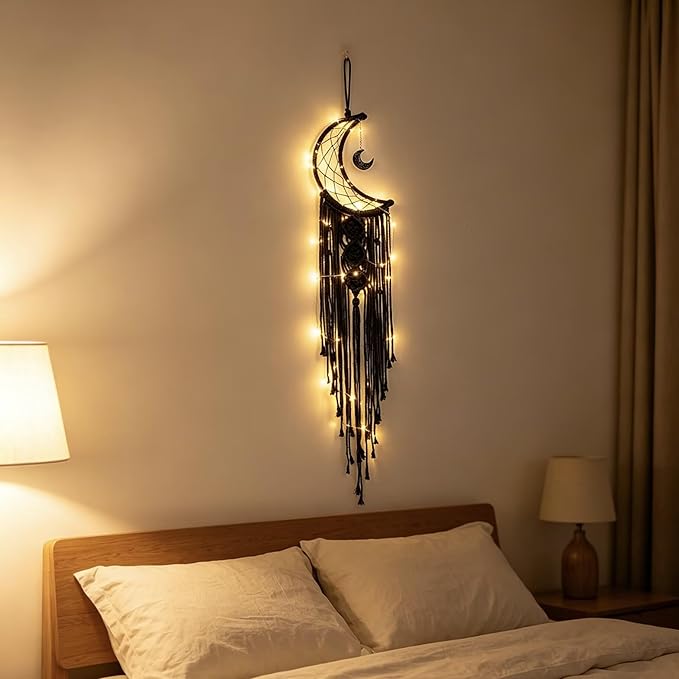 Dream Catcher with LED String Lights Handmade Boho Macrame Wall Hanging Woven Decoration Ornament with Photo Clips for Room Wedding Home Decor (Black Moon)