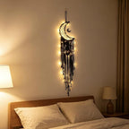 Dream Catcher with LED String Lights Handmade Boho Macrame Wall Hanging Woven Decoration Ornament with Photo Clips for Room Wedding Home Decor (Black Moon)