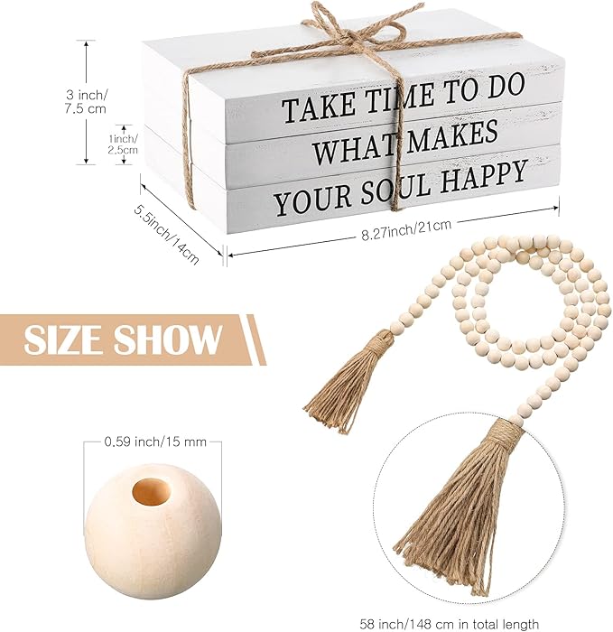 Jetec Decorative Display Books Hardcover, Faux Farmhouse Stacked for Coffee Tables Shelves with Wood Bead Tassels 58 Inch, 3 Pieces, White(Take Time to do, What Makes, Your Soul Happy)