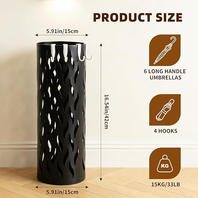 Umbrella Holder, Metal Umbrella Stand for Entryway, Umbrella Storage Rack with 4 Hooks Decor, Home, Office,5.8 × 5.8 × 16.4 (Black)