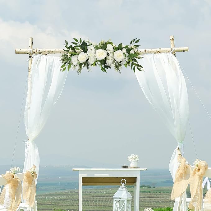 Artificial Peony Flower Swag, 29.6in Faux Eucalyptus Leaves Corner Rose Floral Swags, Artificial Mirror Flower Chair Back Flower Swags for Sheer Drapes, Wedding Chair, Arbor, Wedding(White)