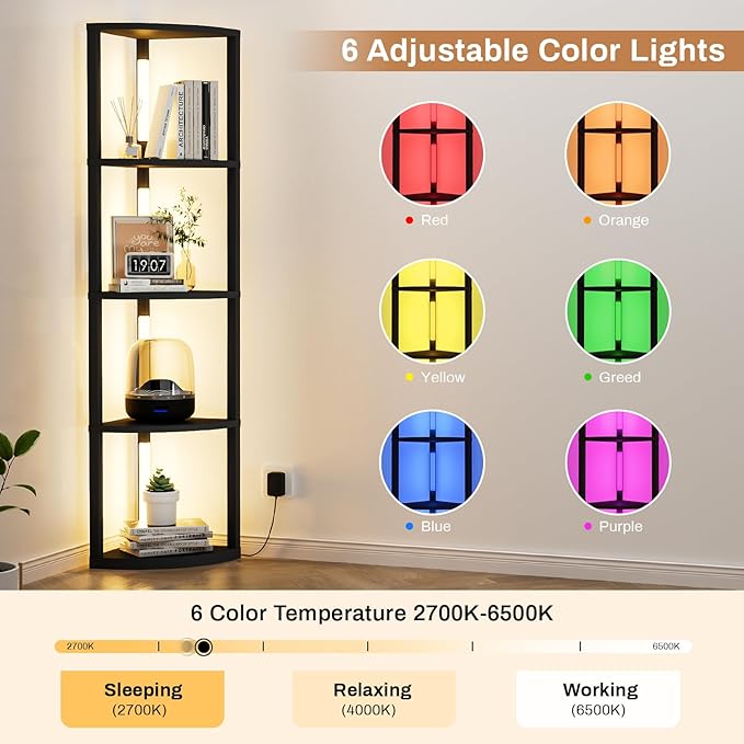 VILICK Corner Shelf with Light 5 Tier Tall Standing Shelf Dimmable Corner Floor Lamp with Shelves LED Corner Bookshelf Display Cabinet Shelf for Living Room, Bedroom, Home Decor