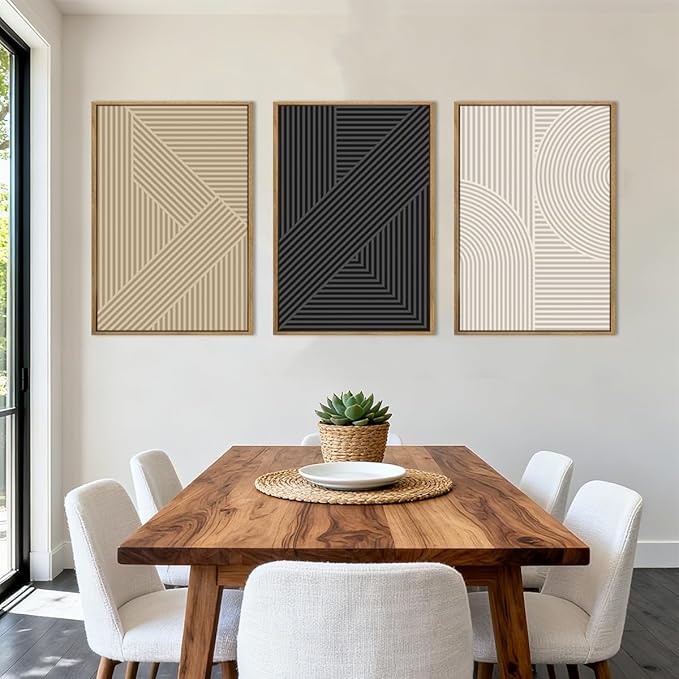 Large Neutral Abstract Wall Art Framed Mid Century Modern Canvas Paintings Artwork Geometric Wall Decor Modern Abstract Artwork Minimalist Art Prints Boho Home Decor for Living Room Bedroom Bathroom Office 36x24 Inch Set of 3