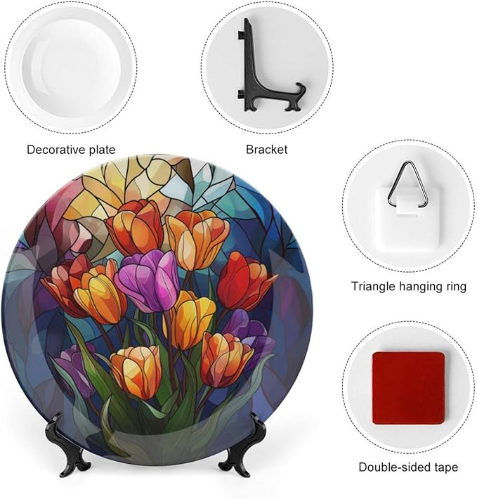 Stained Glass Theme Decorative Ceramic Plate Round Porcelain Plate,8 inch,Tulip Pattern,for Decorative Ornaments Giving Plates, 1 Plate with 1 Display Stand,Multicolor
