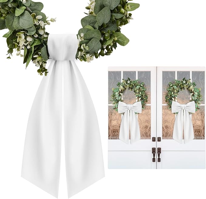 2 Pcs White Wreath Sash for Front Door Linen Wreath Ribbon Bow for Yard Porch Garland Home Decor