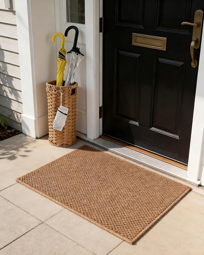 Rattan Umbrella Stand for Entryway,Hand-Woven Umbrella Holder Indoor with Doormat, Removable Drip Tray & 4 Hooks,Waterproof Umbrella Storage Basket
