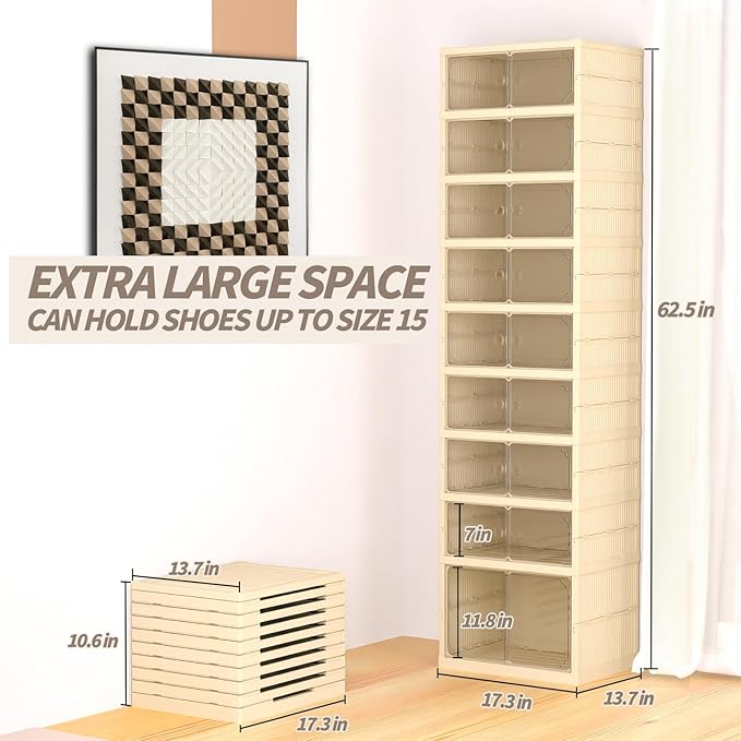 FAHKNS Shoe Storage Box, 9 Tiers Easy Assembly Foldable Plastic Shoe Rack with Clear Door, Stackable Shoe Storage Bins Shoe Organizer for Entryway Closet