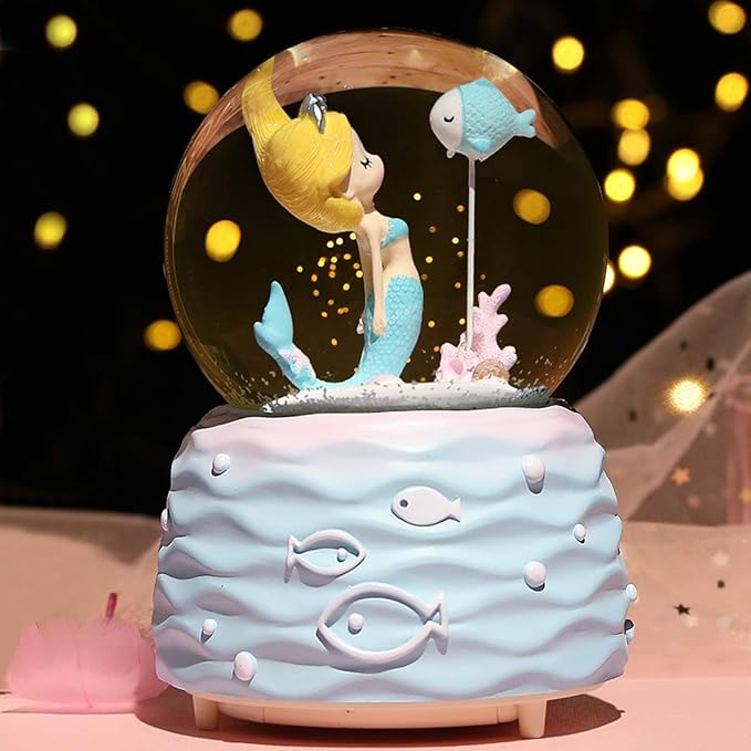Mermaid Snow Globes,Snowglobes Music Box with Lights, Mermaid Musical Snow Globe Gifts for Girls Women Kids Sister Daughter Mom Granddaughter Girlfriend Wife Christmas Birthday for Kids 5-12(Blue)