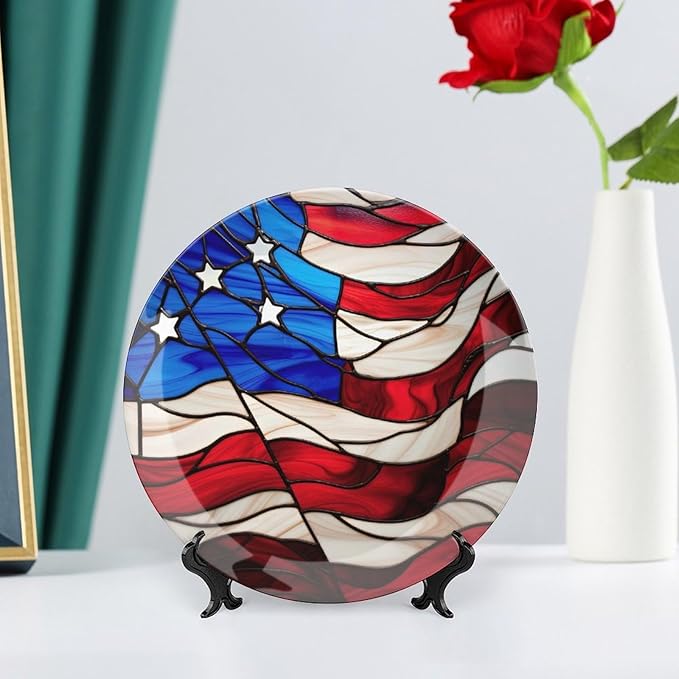 Blue Red USA Flag Stained Glass Painting Decorative Plates Home Decor Ceramic Plates, Dinner Plates Display for Living Room, Kitchen, Hallway Console Side Table, Presents for Patriotic, 8 Inch
