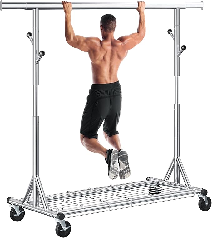 Heavy Duty Clothes Rack Load 630 lbs, Metal Rolling Clothing Rack With Sturdy Wheel And Shelves, Adjustable Portable Hanging Garment Rack For Clothes,Chrome Stainless Steel