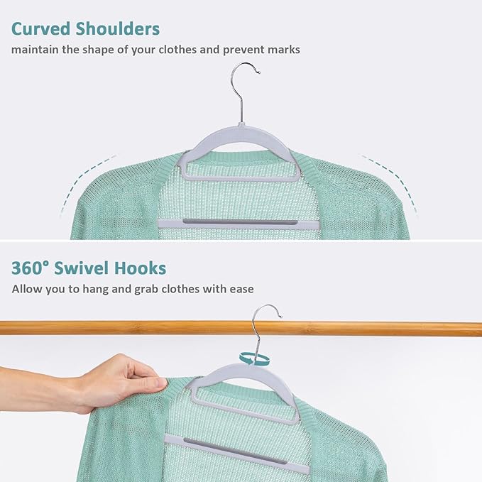 Pack of 50 Coat Hangers, Space-Saving Plastic Clothes Hangers, Non-Slip, 0.2 Inches Slim, 360° Swivel Silver Hook for Shirts, Pants & Wet/Dry Garments, Light and Dark Gray