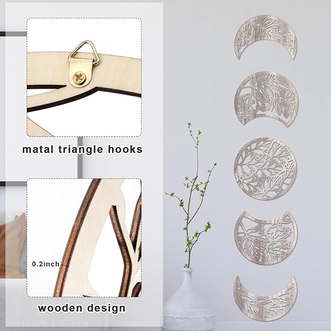 Jetec 5 Pcs Moon Phase Wall Art Decor Wall Pediments Hanging Wooden Phase Spiritual Bedroom Nordic Boho Lunar Aesthetic Art for Living Room Dorm Apartment Ornament(Retro Color,15.75 Inch,Botanical)