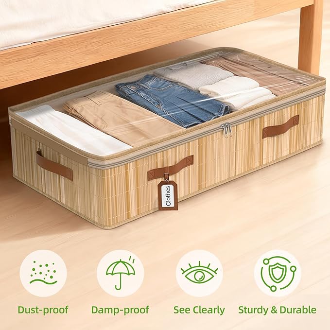 Livole 2 Pack Bamboo Under Bed Storage, 6 inches Underbed Storage Containers, 56L XXL Under Bed Storage Bins with Clear Lid & Label for Clothes, Blankets, Sweater, Shoes