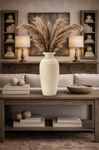 Ceramic Natural Rustic Vase, 14.4 Inch Large Vintage Flower Threaded Decorative Farmhouse Tall Vase for Home Decor, Living Room, Shelf Decor, Wedding, Housewarming Gift, Off-White