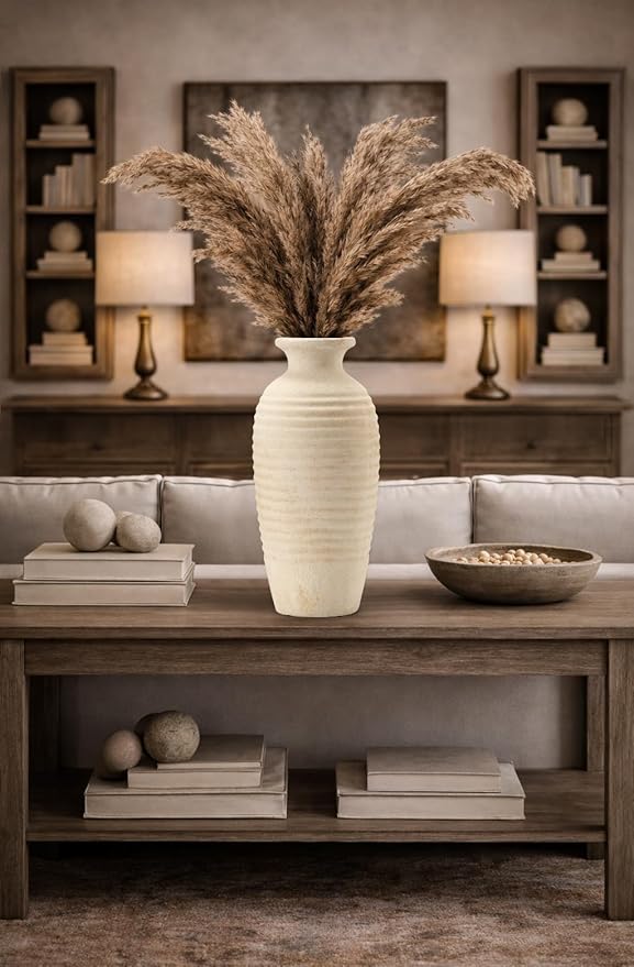Ceramic Natural Rustic Vase, 14.4 Inch Large Vintage Flower Threaded Decorative Farmhouse Tall Vase for Home Decor, Living Room, Shelf Decor, Wedding, Housewarming Gift, Off-White