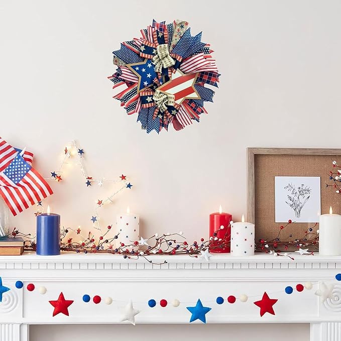 250th Anniversary Patriotic Wreath for Front Door, 20 Inch Red White Blue Wreath 4th of July Wreaths Memorial Day Decor Independence Day Decoration for Home Farmhouse Holiday (Star)
