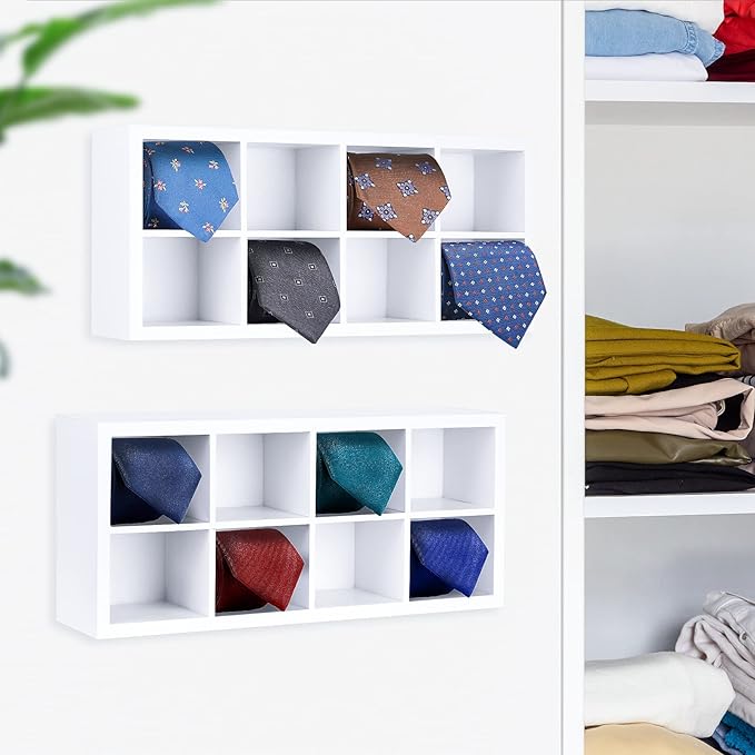 Tie Rack, Bamboo Wall Mounted Tie Box or for Closet Drawer Organizer, 2 Pack 16 Compartments, Storage for Dressing Room, Bedroom, Men Closets - Ties, Belt, Briefs, Socks