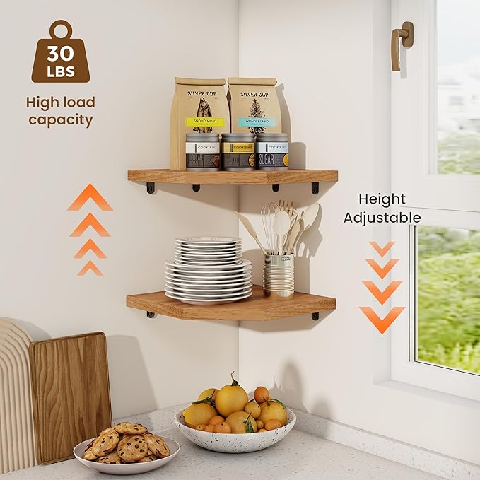 Fun Memories Corner Shelf Wall Mount, Solid Oak Wood Floating Corner Shelves with Cable Hole, 10in Rustic Design for Bedroom, Bathroom, Kitchen, Living Room (Natural, 1 Pack)