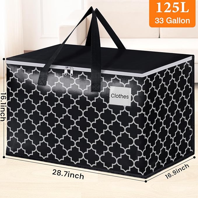 HomeHacks Heavy Duty Moving Bags with Tag Pockets, Collapsible Storage Totes for Moving, Camping & Travel -Foldable Packing Boxes, Zipper Handles, Black（2 Packs, 125L）