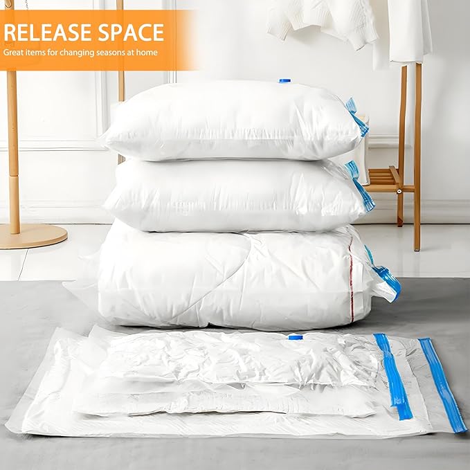 8 Pack Large Vacuum Storage Bags, Vacuum Seal Bags for Clothing with Hand Pump, 80% Space Saver Bags for Clothes, Pillows, Comforters and Blankets, Home Travel Essentials