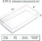 STORi SimpleSort 3-Piece Stackable Clear Drawer Organizer Set | 12" x 6" x 2" Rectangle Trays | Wide Makeup Vanity Storage Bins and Office Desk Drawer Dividers | Made in USA