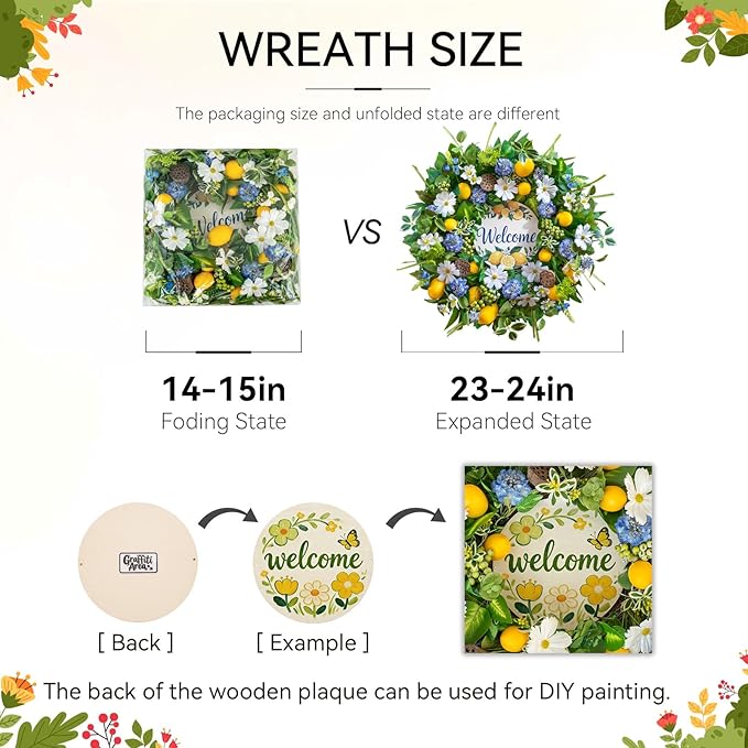Spring Summer Wreaths for Front Door 24 Inch,Summer Wreath with Artificial Lemon,Daisy,Hydrangea & Lotus Pods,Door Wreath for Indoor Outdoor Farmhouse Home Decor
