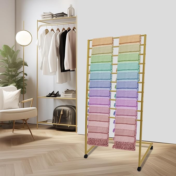 Scarf Organizer, 10 Tier Metal Scarf Display Stand with 4 Lockable Casters Movable Freestanding Belt Shawl Hijab Organizer for Boutique Display, Commercial Home