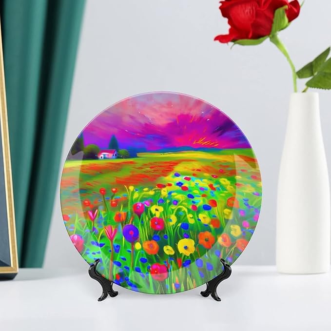 Decorative Plates, A Vibrant Wildflower Field Display Plate for Home Office Kitchen Table Decor Porcelain Plates 8 Inch, Birthday Gifts