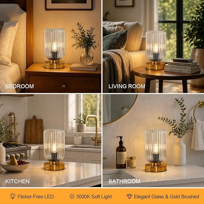 Touch Table Lamp for Nightstand - Small Bedside Lamps for Night Stands Bedroom Living Room, Dimmable Rechargeable Desk Lamp Battery Operated with Clear Glass Shade, Bulb Included