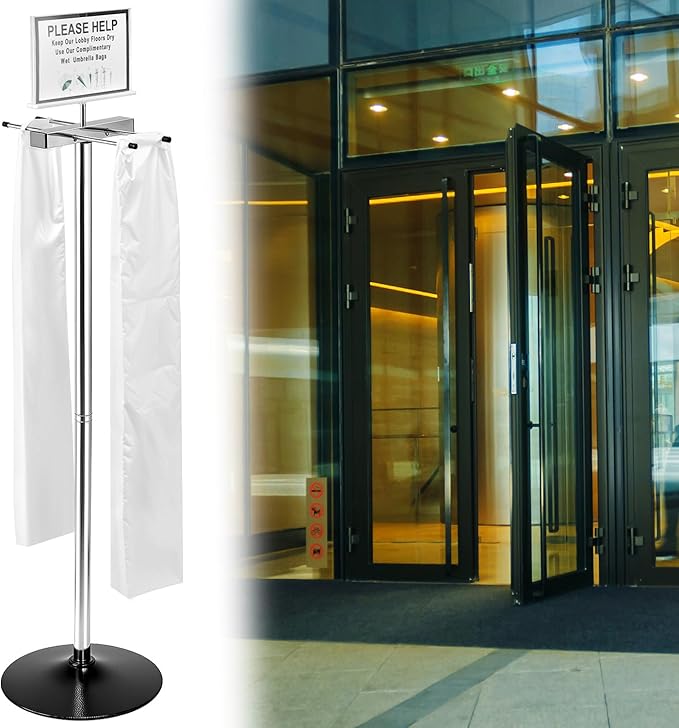QWORK Umbrella Bag Dispenser Stand, Stainless Steel Dual-Side Holder, 8x11 Sign Frame, 6 lb Freestanding Black Base, Includes 200 Long Umbrella Bags for Lobby Entryway