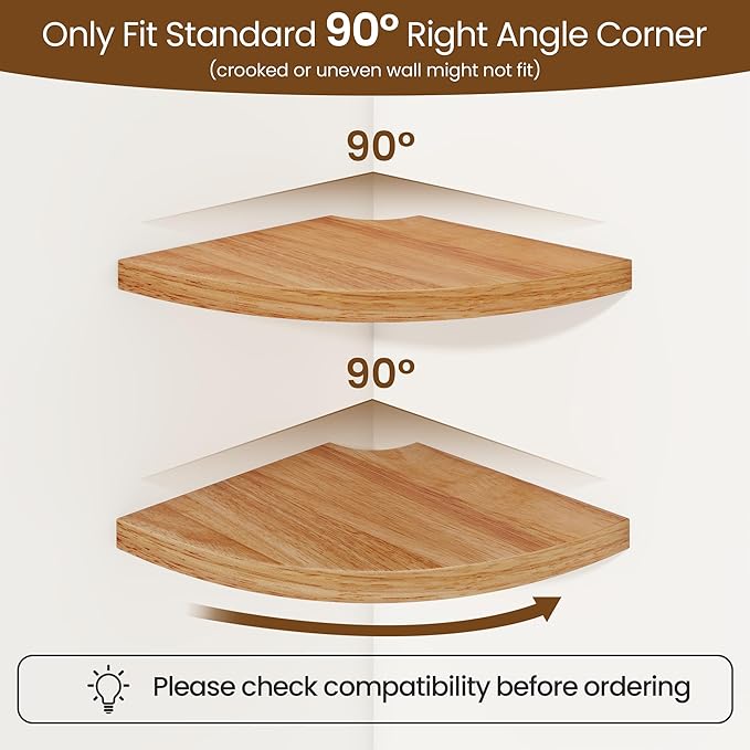 Fun Memories Corner Shelf Wall Mount Set of 2 - Solid Oak Wood Floating Corner Shelf with Cable Hole, 7in Rustic Design for Bedroom, Living Room, Kitchen (Natural)