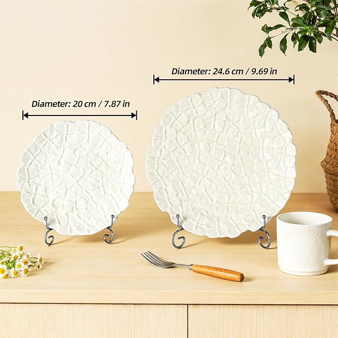 KAMMAK Ceramic Decorative Plate Set of 2, Porcelain Plates for Kitchen Dining Room Wine Cabinet Home Decor, Vintage Collector Plates with 2 Display Stand, Cream-yellow flowers (8-inch + 10-inch)