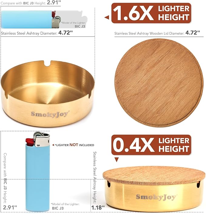 Ashtray with Lid for Outside Patio, 2 Pack Windproof Ash Tray, Gold Stainless Steel Smokeless Ashtray for Outdoor Home Office Tabletop Patio Outdoor Balcony, Large