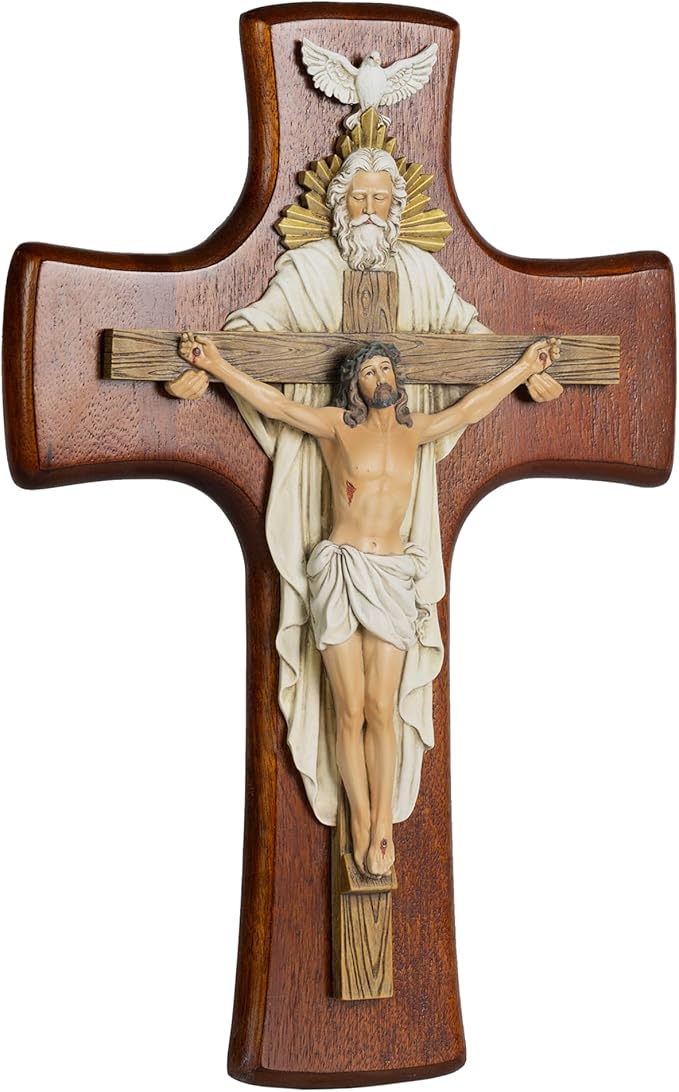 Grace4Joy Holy Trinity Wall Cross, 12 Inches Holy Trinity Crucifix Catholic Home Decor, Hand-Painted Resin Jesus on Wooden Crucifix Religious Housewarming Gifts