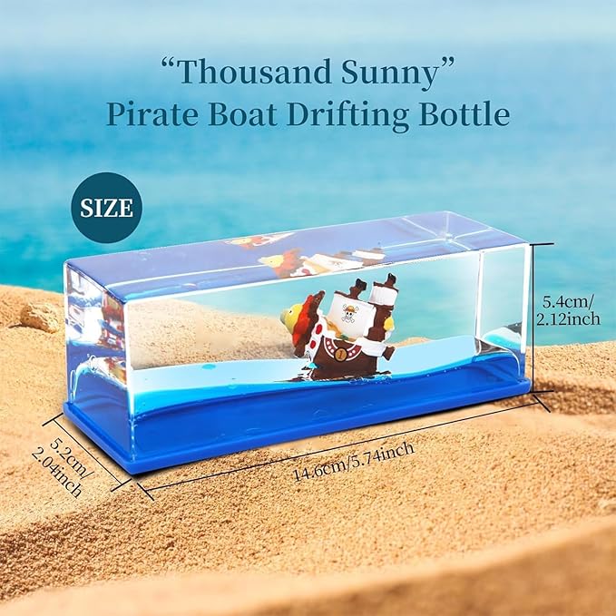 Unsinkable Thousand Sunny Pirate Ship in a Bottle, Non Sinking OP Anime Boat Model Fluid Drift Bottle Decorations Desk Decor Ornament for Boys Girls Gift (Blue-h)