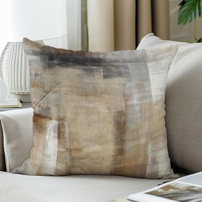 Beige Abstract Art Artwork Pillow Cover, Gallery Modern Decorative Throw Pillows Cushion Cover for Bedroom Sofa Living Room 16 x 16 Inch Set of 2