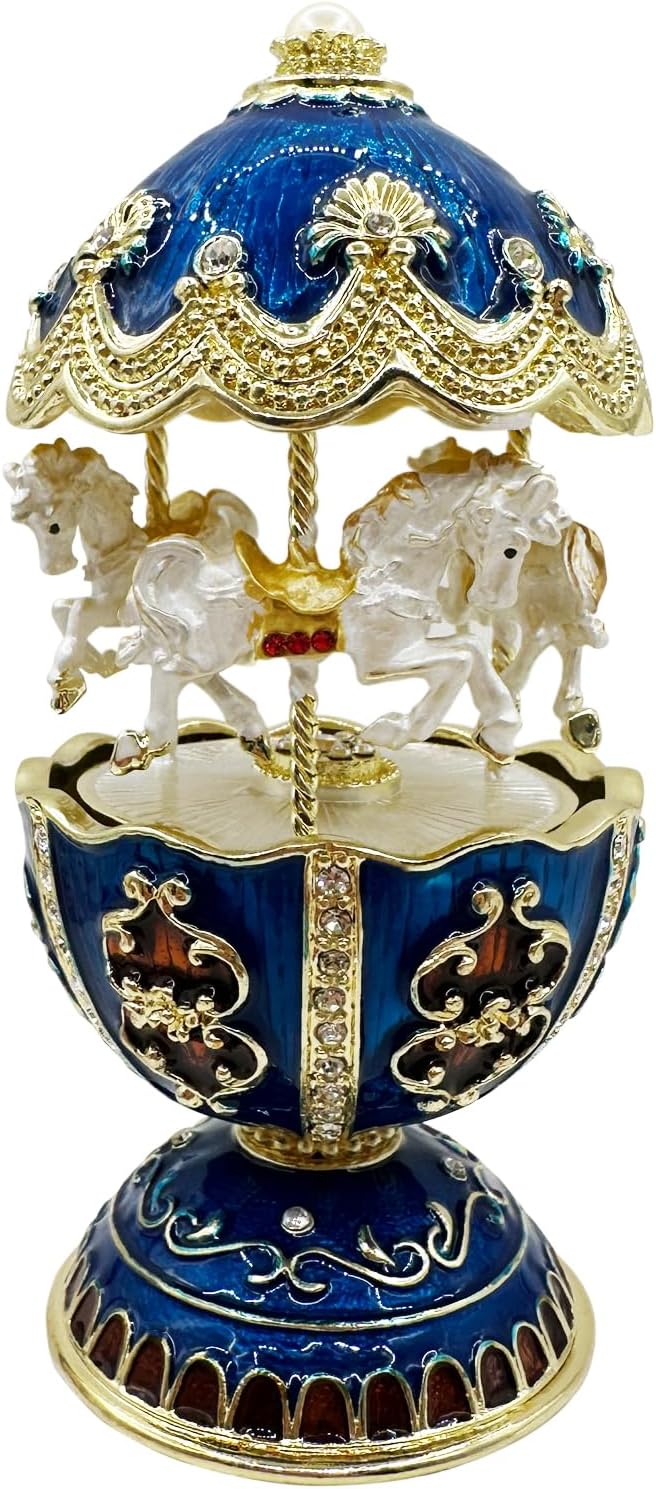 Gilded Blue Carousel Music Box, Rotating Horse Christmas Tune Jewelry Box, Enameled Trinket Keepsake with Gold Accents