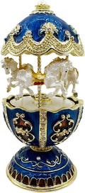 Gilded Blue Carousel Music Box, Rotating Horse Christmas Tune Jewelry Box, Enameled Trinket Keepsake with Gold Accents